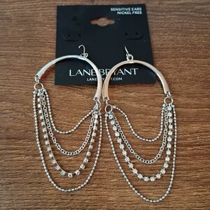 New On Card Lane Bryant Silver Rhinestone Chain Fringe Hoop Drop Earrings
